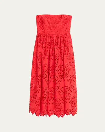 Cara Cara Torres Floral Poplin Tiered Strapless Midi Dress In Red