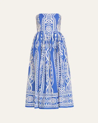 Cara Cara Torres Floral Ruffle-tiered Strapless Midi Dress In Rowan Cobalt