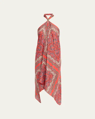 Cara Cara Twist Printed Silk Scarf Dress In Red