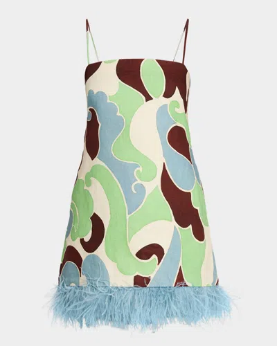 Cara Cara Valencia Printed Feather-trim Mini Dress In Multi