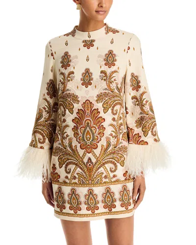 Cara Cara Vida Feather-trimmed Paisley-print Mini Dress In Neutral