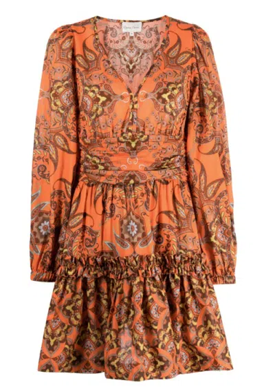 Cara Cara Women 100% Cotton Long Sleeves Harper Dress Nectarine Vintage Paisley In Orange