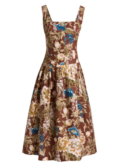 Cara Cara Women's Feliz Floral Linen Midi Dress In Brown