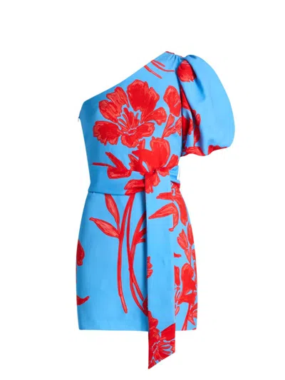 Cara Cara Lucia Floral-print One-shoulder Mini Dress In Blue