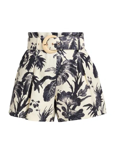 Cara Cara Palmer Belted Pleated Floral-print Linen Shorts In Blue