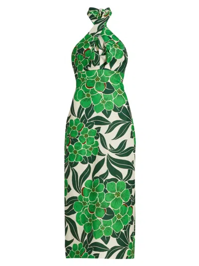 Cara Cara Perla Printed Linen Halterneck Midi Dress In Green