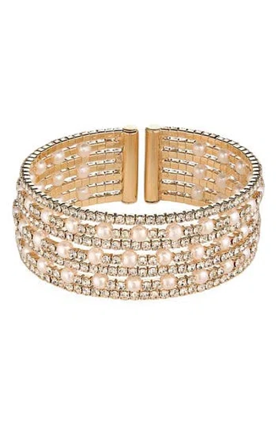 Cara Crystal & Faux Pearl Cuff Bracelet In Gold