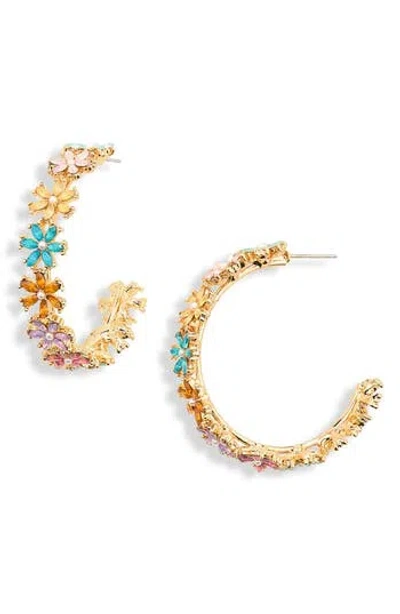 Cara Crystal & Faux Pearl Flower Hoop Earrings In Gold