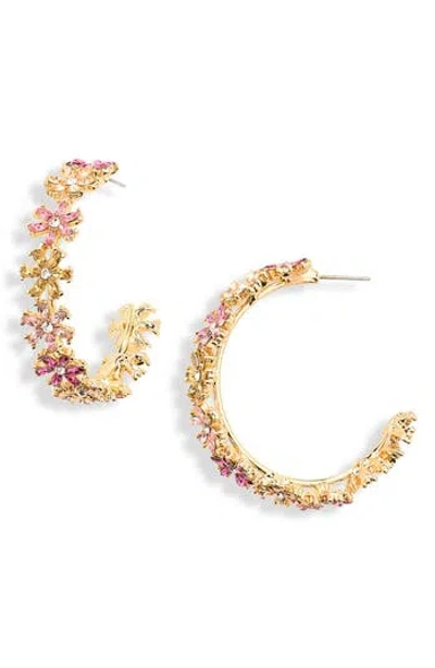 Cara Crystal & Faux Pearl Flower Hoop Earrings In Gold