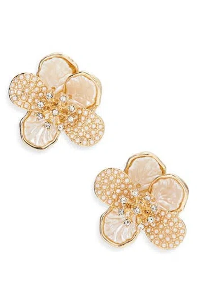 Cara Crystal & Faux Pearl Flower Statement Stud Earrings In Gold