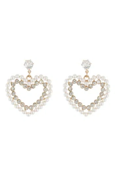 Cara Crystal & Imitation Pearl Heart Drop Earrings In Gold
