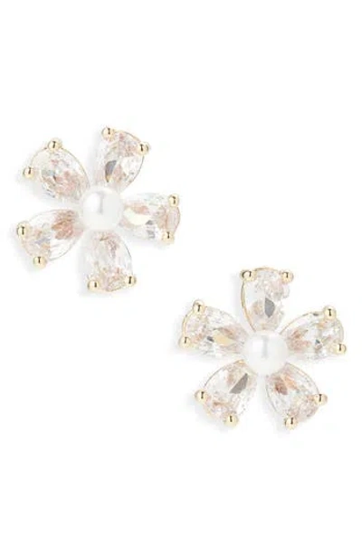 Cara Cubic Zirconia & Faux Pearl Flower Button Stud Earrings In Gold