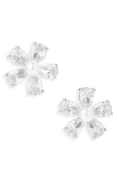 Cara Cubic Zirconia & Faux Pearl Flower Button Stud Earrings In Metallic