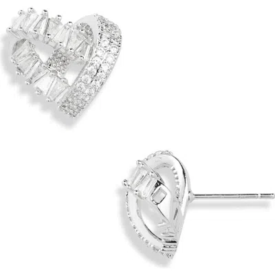 Cara Cubic Zirconia Heart Button Earrings In Silver