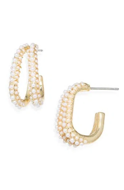 Cara Double Line Faux Pearl Hoop Earrings In Gold