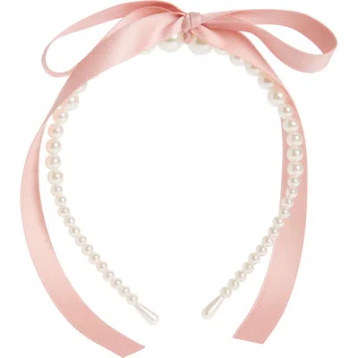 Cara Kids' Satin Bow & Faux Pearl Headband In Pink