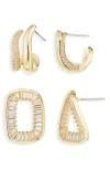 Cara Set Of 2 Cubic Zirconia Twisted Huggie Hoop & Drop Earrings In Gold