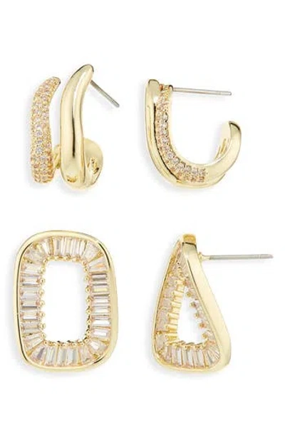 Cara Set Of 2 Cubic Zirconia Twisted Huggie Hoop & Drop Earrings In Gold