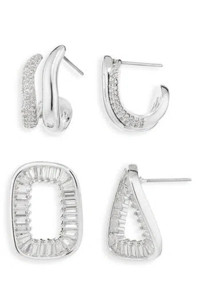 Cara Set Of 2 Cubic Zirconia Twisted Huggie Hoop & Drop Earrings In Silver