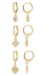 Cara Set Of 3 Cubic Zirconia Drop Huggie Hoop Earrings In Gold