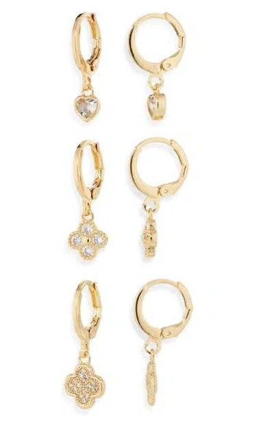 Cara Set Of 3 Cubic Zirconia Drop Huggie Hoop Earrings In Gold