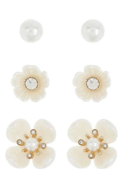Cara Set Of 3 Imitation Pearl Floral Stud Earrings In Gold