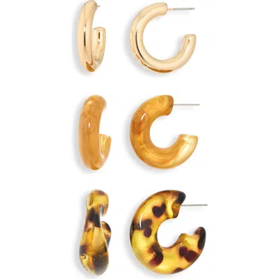 Cara Set Of 3 Resin & Goldtone Huggie Hoop Earrings In Brown