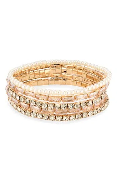 Cara Set Of 5 Faux Pearl & Crystal Stretch Bracelets In Gold