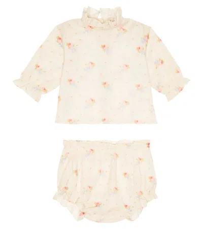 Caramel Baby Broccoli Cotton Dress And Bloomers Set In Rose Bouquet Print