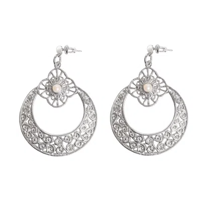 Caramel Vintage Jewellery Women's Silver Pearl Filigree Hoop Earrings