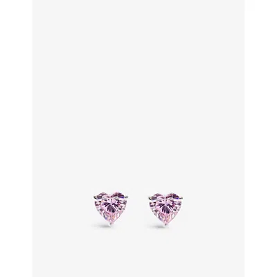 Carat London Womens Silver Camden Heart-shaped 9ct White-gold And Pink Cubic Zirconia Stud Earrings