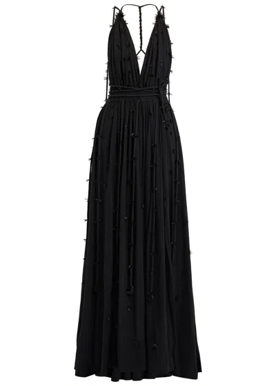 Caravana Bead Embellished Halterneck Cotton Maxi Dress In Black