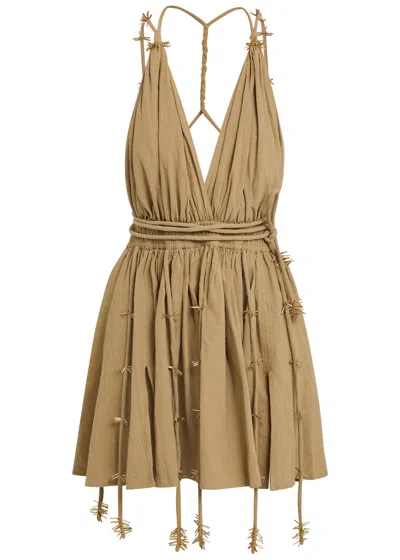 Caravana Bead Embellished Halterneck Cotton Mini Dress In Brown
