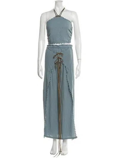 Pre-owned Caravana Tweed Pattern Raw-edge Trim Skirt Set In Blue