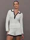 Carbon38 Crochet Long Sleeve Polo Top In White