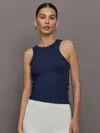 Carbon38 High Neck Fitted Tank In Ribbed Jersey In Navy