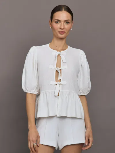 Carbon38 Linen Tie Puff Sleeve Top In White