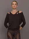 Carbon38 Long Sleeve Off Shoulder Tee In Brown