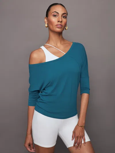 Carbon38 Long Sleeve Off Shoulder Tee In Deep Lagoon