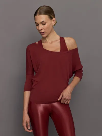 Carbon38 Long Sleeve Off Shoulder Tee In Red Dahlia