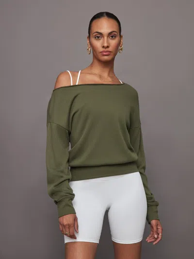 Carbon38 Off Shoulder Sweatshirt In French Terry In Olive