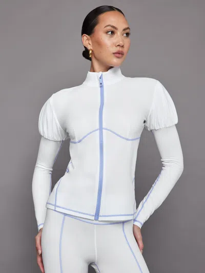 Carbon38 Puff Sleeve Full Zip Top In White,sweet Lavender