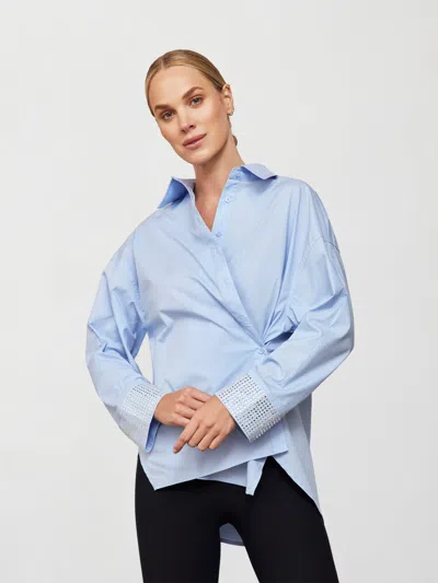 Carbon38 Rhinestone Oversized Button Up Shirt In Blue With Silver Rhinestones