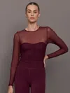 Carbon38 Ruched Mesh Long Sleeve Top In Melt In Burgundy