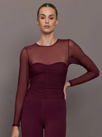 Carbon38 Ruched Mesh Long Sleeve Top In Melt In Burgundy