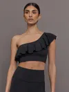 Carbon38 Ruffle One Shoulder Bra In Diamond Compression In Black