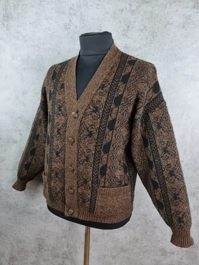 Pre-owned Cardigan X Coloured Cable Knit Sweater 70's Knitwear Wool Vintage Beautiful Cardigan Tundra Style In Dark Brown Misty