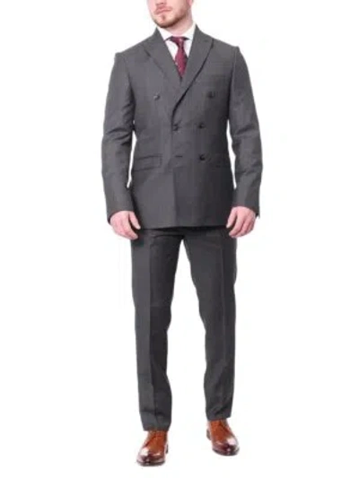 Pre-owned Carducci Mens Gray With Blue Windowpane 100% Wool Slim Fit Suit