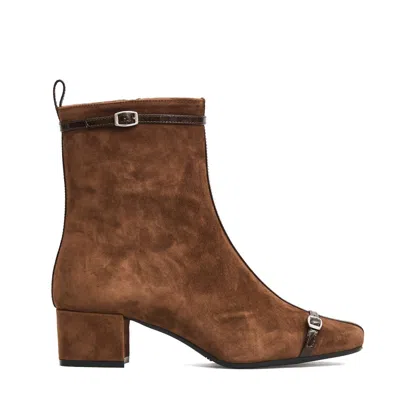 CAREL PARIS BROWN SUEDE ANKLE BOOTS WITH DECORATIVE BUCKLED STRAPS