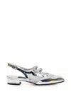 Carel Block Heel Pointed Toe Metallic Sling Back In Silver Specchio